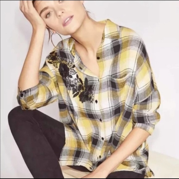 Anthropologie Maeve Floral Embroidered Plaid Oversized Button Down - Picture 3 of 4